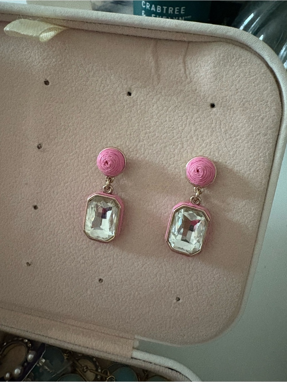 J. Crew Pink Raffia Button Drop Earrings with Clear Crystal